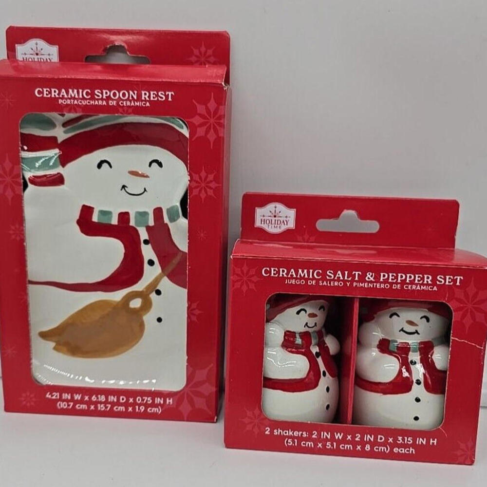 Holiday Time Christmas Winter Ceramic‎ Snowman Salt & Pepper/ Spoon Rest
